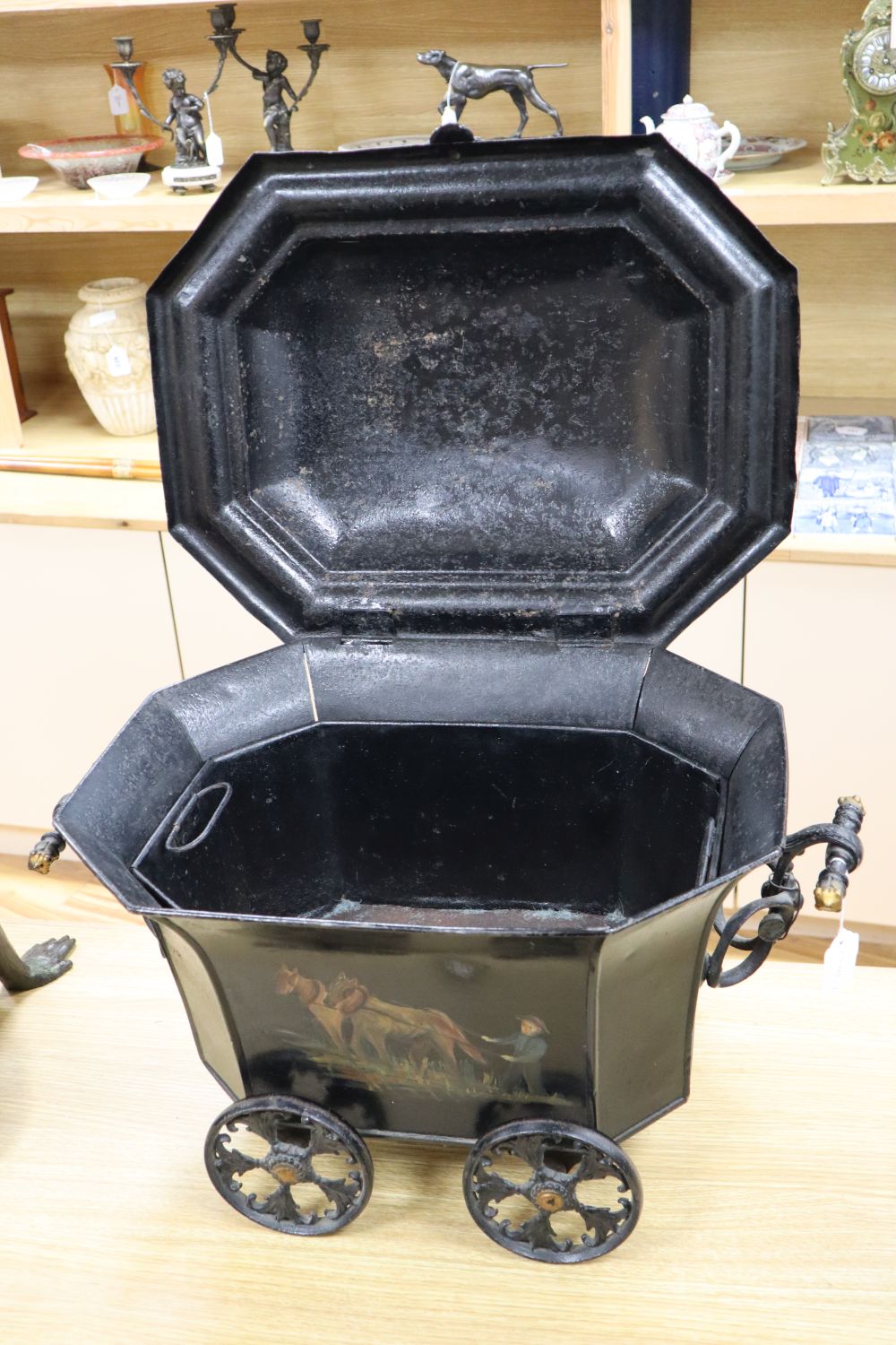 A Victorian painted toleware coal or log bin, width 62cm